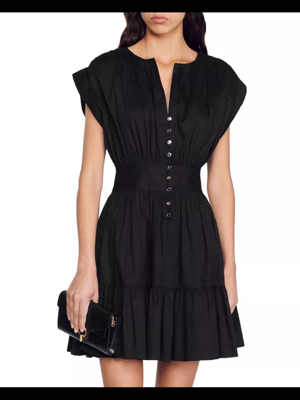 Sandro Black Tiered Button-Front Mini Dress size 38 read description
